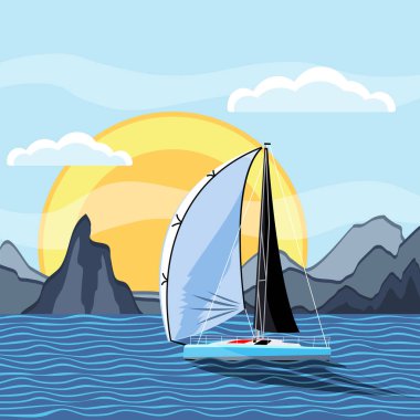 Yelkenli ve dağlı gündoğumu denizi