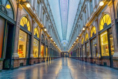 Galeriler Royales Saint-Hubert cam kaplı çarşı atölyesinde geceleyin aydınlatıldı, Belçika