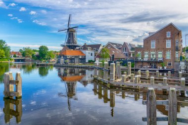 Hollanda, Haarlem 'de bir kanal boyunca yel değirmenleri olan güzel bir manzara.