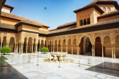 İspanya 'nın Granada şehrinde tarihi bir kale olan Alhambra' daki LionsPatio de los Leones Sarayı.