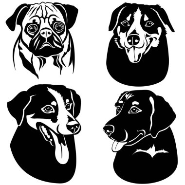 Beyaz arkaplanda köpek siluetlerinin bir vektör koleksiyonu