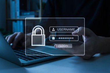 Giriş Sayfası. kullanıcı iş adamları cep telefonu, siber internet güvenliği, bilgi doğrulaması, dijital pazarlama, çevrimiçi alışveriş, dijital teknoloji konsepti üzerinden parola girişi yapıyorlar