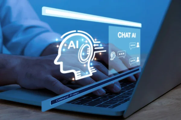 Chat Bot 在笔记本电脑上工作的商人 有Ai聊天机器人虚拟图标图 人工智能 未来技术 商业开发管理器 数字营销概念 免版税图库照片
