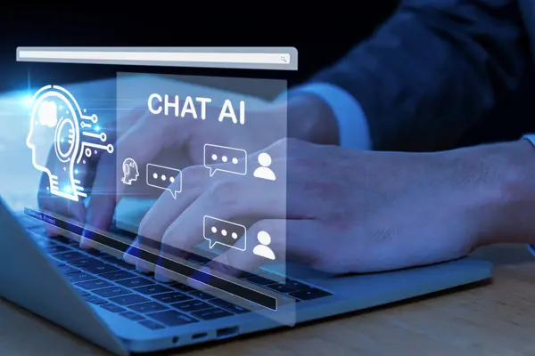 Chat Bot 商务人员在笔记本电脑上使用人工智能 人工智能 未来主义技术 商业发展经理 数字营销概念 图库图片