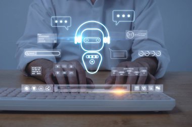 Chatbot. İş adamları, yapay zeka, fütüristik teknoloji, iş geliştirme müdürü, dijital pazarlama kavramı, yapay zeka, yapay zeka, yapay sohbet çizelgesi ile klavye bilgisayarı üzerinde çalışıyorlar.