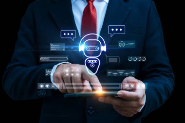 İş adamları cep telefonlarına holografik yapay zeka teknolojisi ikonu ile dokunuyor. yapay zeka, makine öğrenme, veri analizi, dijital yenilik, gelecekteki teknoloji eğilimleri kavramı