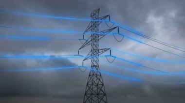 Elektrik santrallerinden elektrik santrallerine elektrik taşıyan yüksek voltajlı iletim kulesinin 3D animasyonu