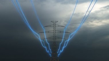 Elektrik santrallerinden elektrik santrallerine elektrik taşıyan yüksek voltajlı iletim kulesinin 3D animasyonu