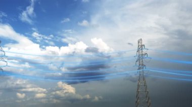 Elektrik enerjisini santrallerden elektrik santrallerine taşıyan yüksek voltajlı aktarım kulelerinin 3D animasyonu