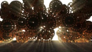 Bir çok dişliden oluşan dönen bir mekanizmanın 3 boyutlu animasyonu ve dişli çarkların arasından parlayan ışık ışınları