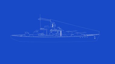 3d rendering of a WW2 battleship blueprint