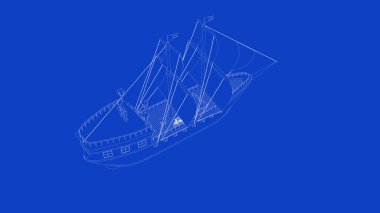 3d rendering of an old wooden warship blueprint