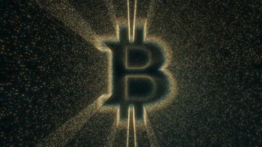 Parçacıklardan inşa edilmiş bitcoin sembolü ile animasyon