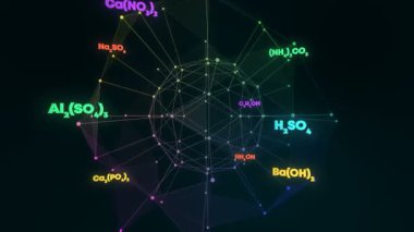 Ortak kimyasal bileşikleri ve buna karşılık gelen kimyasal formülleri gösteren bir dijital ağın 3D animasyonu