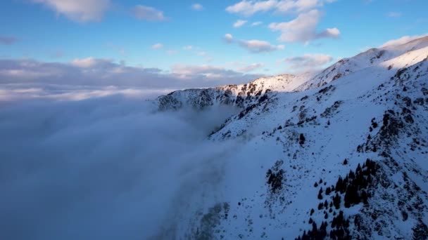 Latający Pośród Oceanu Chmur Górach Mgła Jest Jak Wielkie Fale — Wideo stockowe