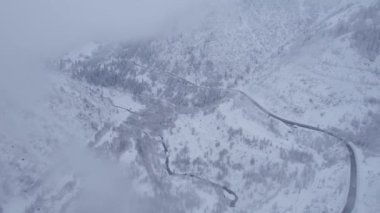 Bulutlarda kozalaklı ağaçlarla kaplı karlı dağlar. Medeo Barajı. Her şey sis ve karda. Noel ve yeni yıl geldi. Yoldaki, barajdaki ve ağaçlardaki insansız hava aracı görüntüsü. Almaty, Kazakistan