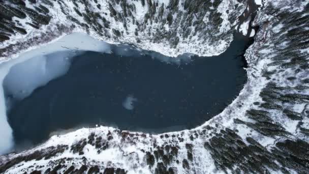 Kaindy Dağı Gölü Kışın Donmuş Karanlık Suyun Drone Görüntüsü Gölden — Stok video
