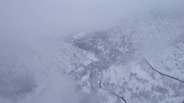 Montagne Innevate Con Conifere Tra Nuvole Diga Medeo Tutto Nebbia — Video Stock