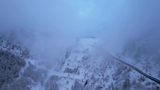 Bulutlarda Kozalaklı Ağaçlarla Kaplı Karlı Dağlar Medeo Barajı Her Şey — Stok video