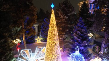 Noel ağacıyla süslenmiş parlak Noel süslemeleri. Noel ağacında çelenkler ve neon oyuncaklar parlıyor. Noel ve Yeni Yıl için dekorasyon. Kar yağıyor. İnsanlar fotoğraf çeker. İHA 'dan üst görünüm