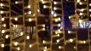 Sokaktaki insanlar yeni yılı ve Noel 'i kutluyorlar. Yumuşak kar yağıyor. Güzel parlak süslemeler neon ışıklarla parıldıyor. Tüm çitler çelenklidir. Bir Noel ağacı ve güzel bir ev