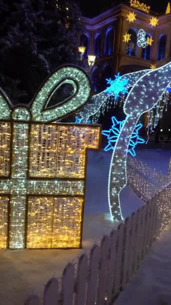 Lichte Decoraties Gelukkig Nieuwjaar Vrolijk Kerstfeest Bloemenslingers Hekken Getallen Gloeien — Stockvideo