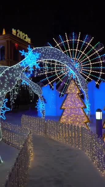明亮的圣诞小巷都在花环里 雪要下了每件东西都用霓虹灯装饰 圣诞树 观景台和一座大房子都被点燃了 垂直方向 — 图库视频影像