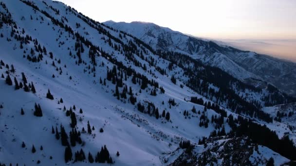 高い雪の山の中で壮大な赤オレンジの夕日 ようこそ背の高い針葉樹の木は 丘の上に雪です 高い山だ 太陽の光は雲の上に落ち 峡谷の下にある霧が発生します アルマトイ — ストック動画