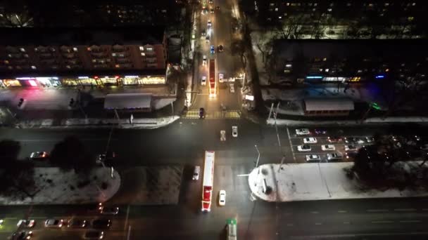 Red Trucks Coca Cola Passing City Aerial View Drone Caravan — Video