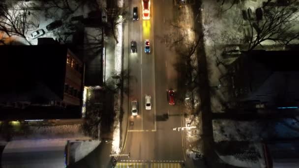 Red Trucks Coca Cola Passing City Aerial View Drone Caravan — Stok Video