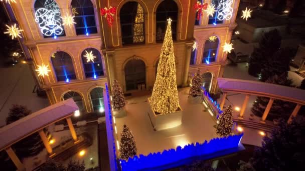 圣诞节和新年装饰得漂亮的房子 下雪了 圣诞树上的花环闪闪发光 有一个旋转木马 各种装饰品 球和玩具 人们在走路 顶部视图 阿拉木图 — 图库视频影像