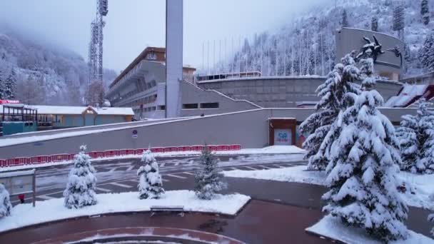 Pista Patinação Alpina Inverno Medeo Nas Montanhas Vista Drone Floresta — Vídeo de Stock
