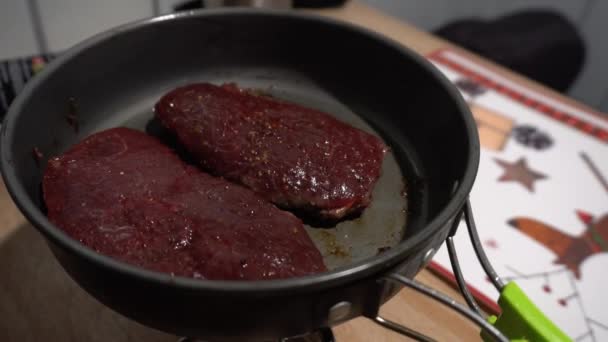 Two Steaks Fried Frying Pan Gas Burner Horse Meat Being — Stok video