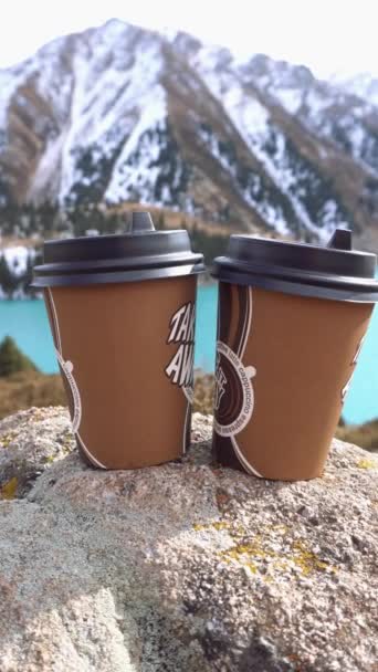 Paper Cups Coffee Background Mountain Lake Color Water Blue Green — Wideo stockowe