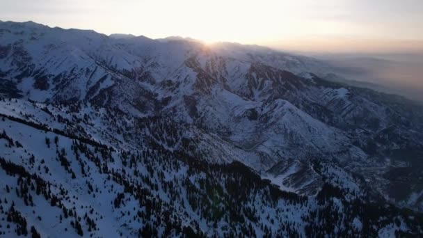 Epic Red Orange Sunset High Snowy Mountains Tall Coniferous Trees — Stockvideo