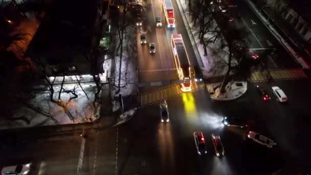 Red Trucks Coca Cola Passing City Aerial View Drone Caravan — Video Stock