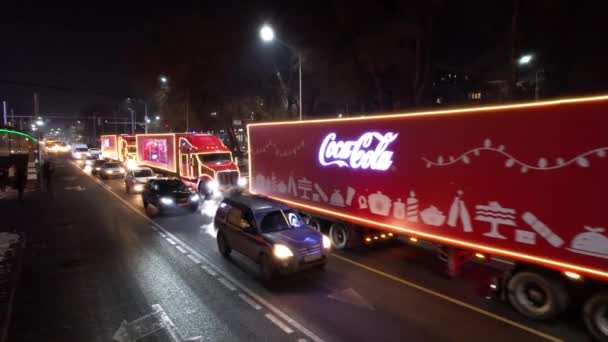 Big Red Coca Cola Trucks Passing City Van Popular People — Video
