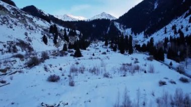 Coniferous forest in snowy mountains. White clouds float across the sky. Top view from a drone. In places, the road to the mountains and buildings are visible. There is a pipe along the gorge. Sunset