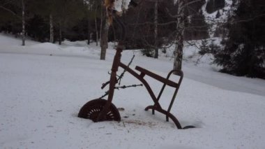 An old rusty tricycle in the winter forest. White snow, coniferous trees. An abandoned place. Branches hang on the steering wheel and wheels. There are husks on the snow from the trees