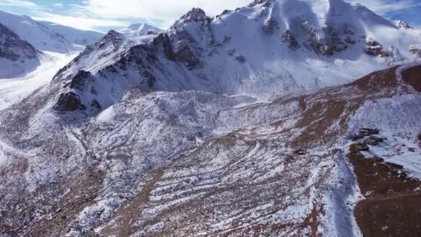 High Snowy Peaks Small Glaciological Station Drone View Blue Sky — Video Stock