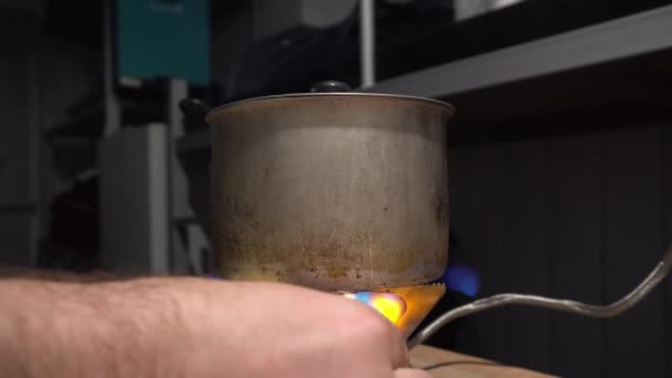 Mans Hand Lights Gas Burner Match Old Pot Burner Hose — Vídeos de Stock