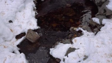 The spring makes its way out of the ground in winter. Clean drinking water. There are rocks, snow, coniferous trees all around. Ice in places. Bubbles rise to the surface. A stream of clear water