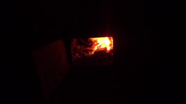 Fire Burning Old Stove Wall Rusty Metal Door Damp Frozen — Stockvideo