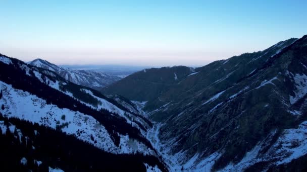 Hutan Konifer Pegunungan Bersalju Awan Putih Mengapung Langit Pemandangan Bagus — Stok Video