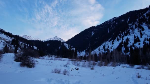Eine Verlassene Steinhütte Den Verschneiten Bergen Ein Ehemaliges Gefängnis Nadelwald — Stockvideo