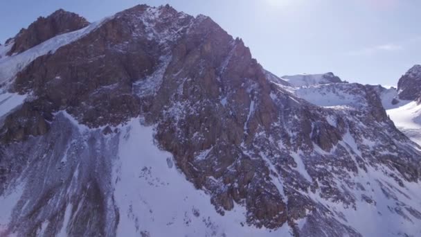 High Snow Capped Mountains Glaciers Aerial View Drone Rocky Gorge — Video