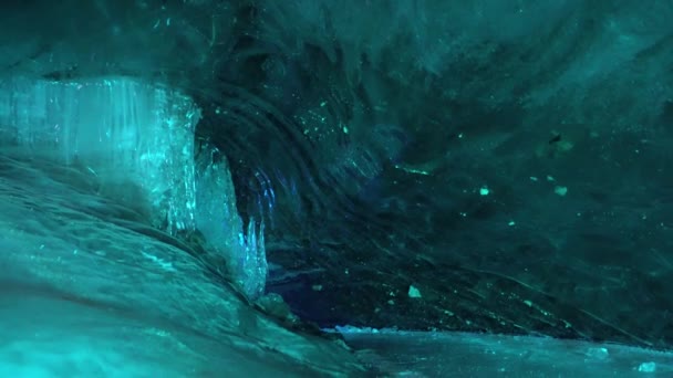Turquoise Pure Color Ice Ice Cave Stones Icicles Visible Places — Stock Video