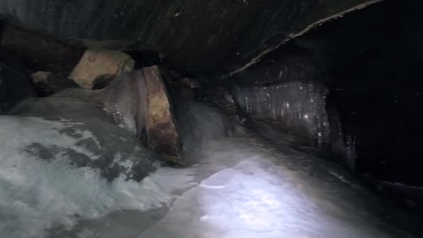 Large Ice Cave Glacier Mountains Frozen Stones Ice Icicles Hang — Stock Video