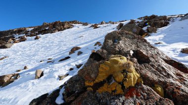 Parlak güneş ve kayalarla kaplı karlı yüksek dağlar. Yosun, büyük taşların üzerinde yetişir. Mavi buz karları delip geçer. Karların altındaki buzullar. Bir dağcının ruhunun ve bedeninin dinlendiği bir yer..