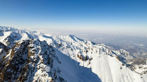 High Snow Capped Mountains Glaciers Aerial View Drone Rocky Gorge — Zdjęcie stockowe